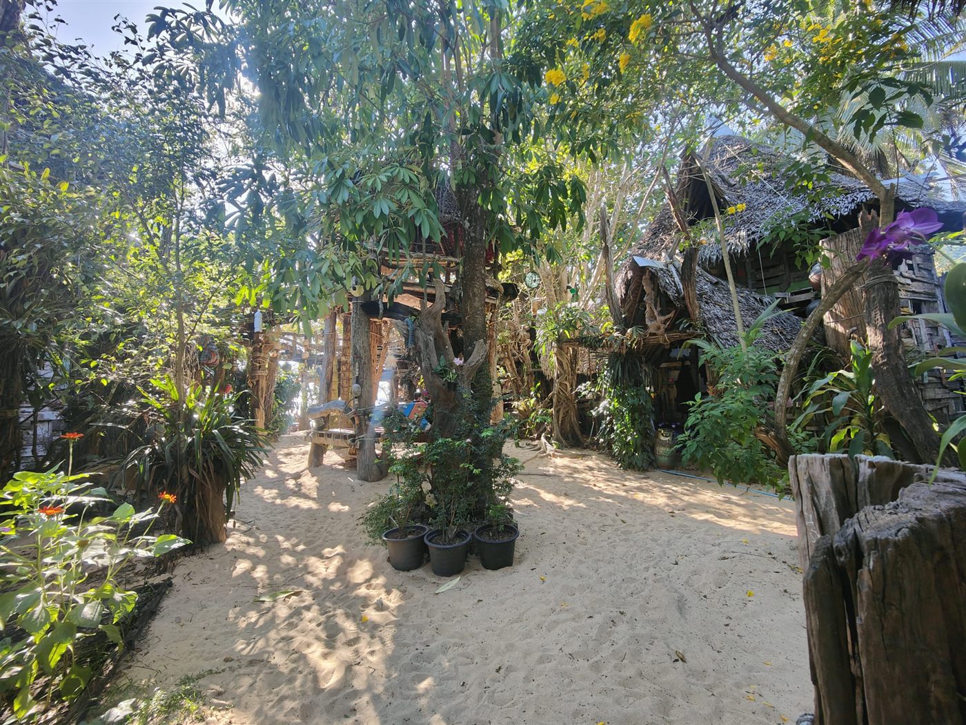 Sandiger Weg durch die Hippie Bar zwischen Treibholzhütten
